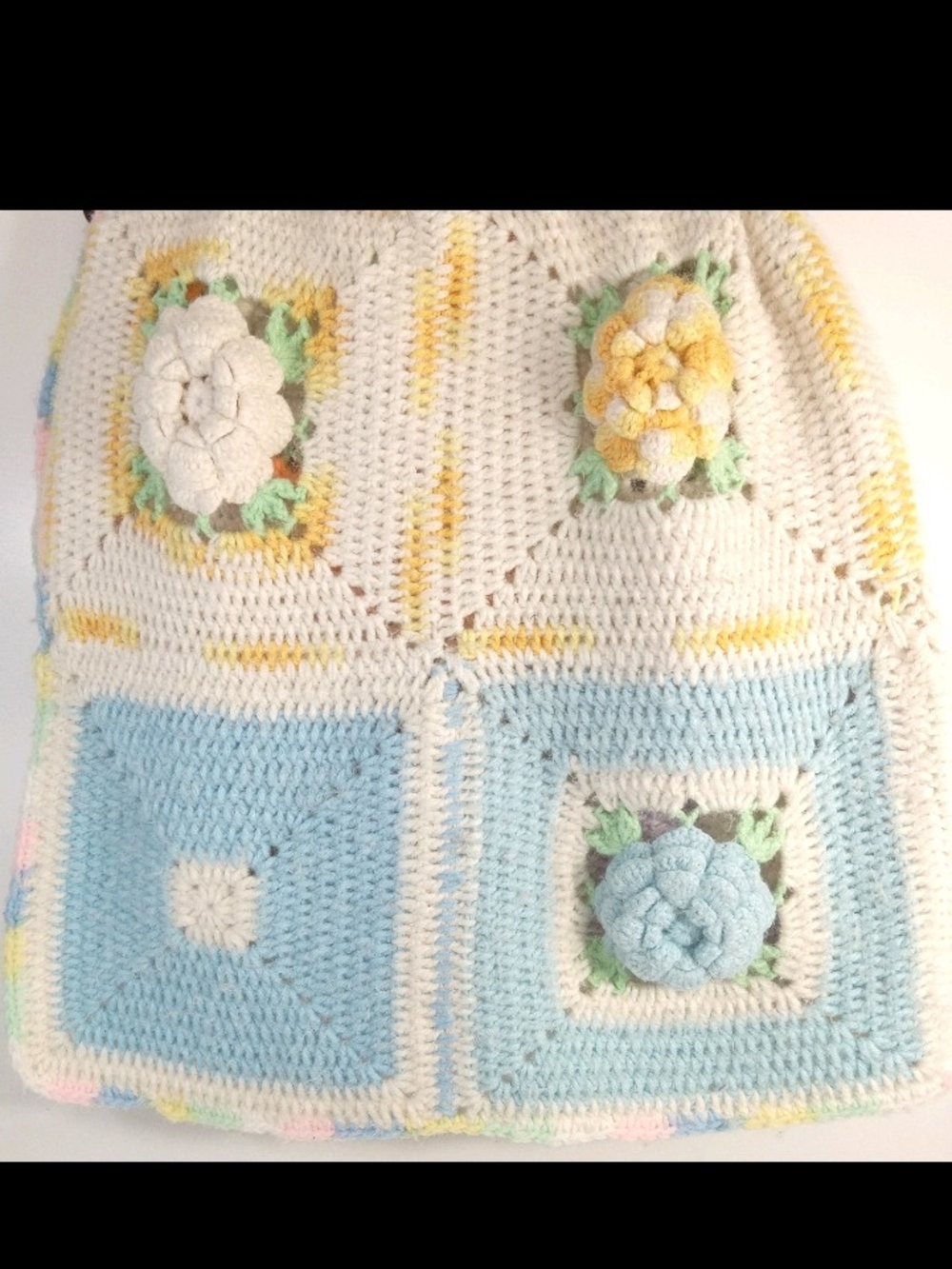 Vintage Handmade Crochet Baby Blanket Afghan 3D Flowers Pastel Squares 41"x30"
